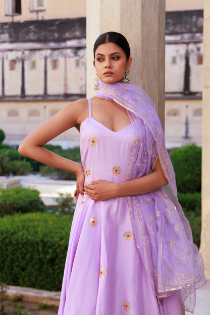 Lavender Aari Embroidered Strapy Cotton Silk Anarkali Set