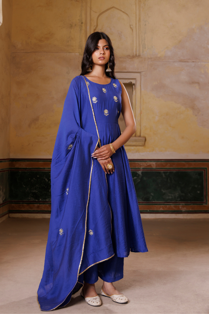 Blue Embroidered chanderi Anarkali Set