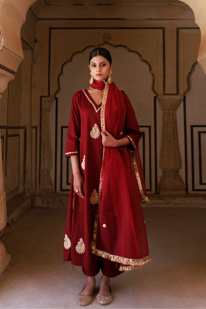 Maroon Cotton Silk Gota Patti Work Anarkali Set