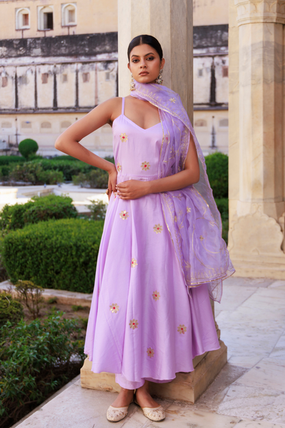 Lavender Aari Embroidered Strapy Cotton Silk Anarkali Set