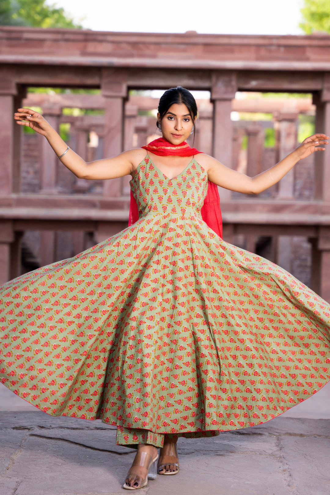 LUSH GREEN HAND BLOCK PRINTED SUIT SET