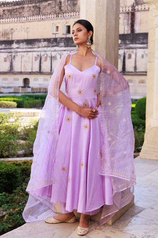 Lavender Aari Embroidered Strapy Cotton Silk Anarkali Set
