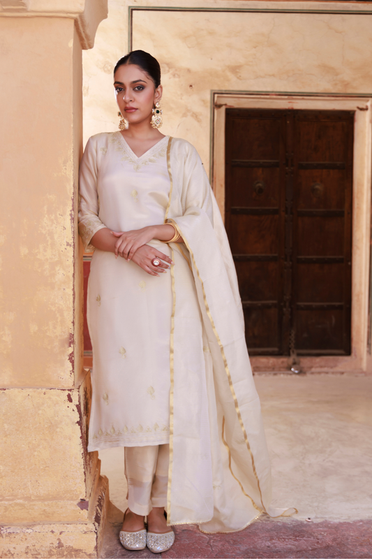 Ivory Gold Embroidered Tissue Kurta Set