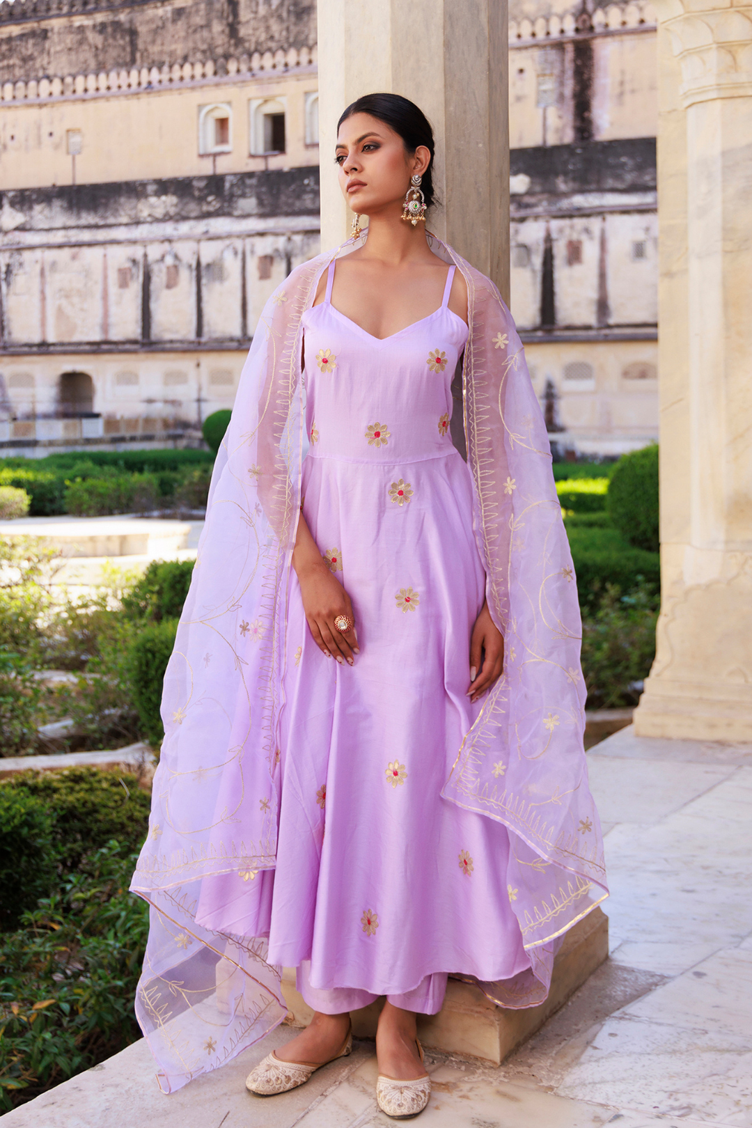 Lavender Aari Embroidered Strapy Cotton Silk Anarkali Set