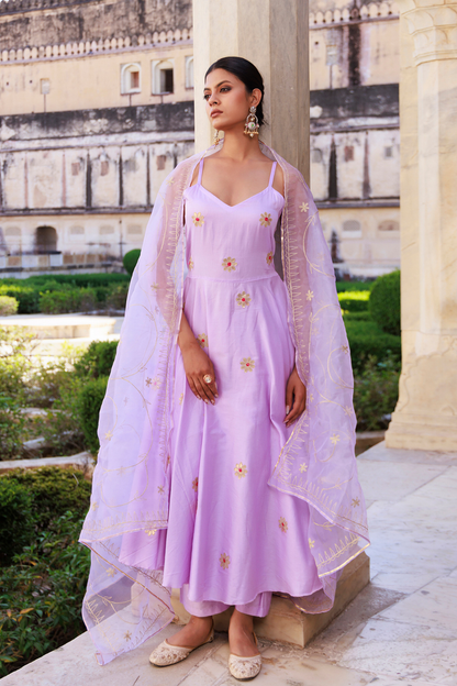 Lavender Aari Embroidered Strapy Cotton Silk Anarkali Set
