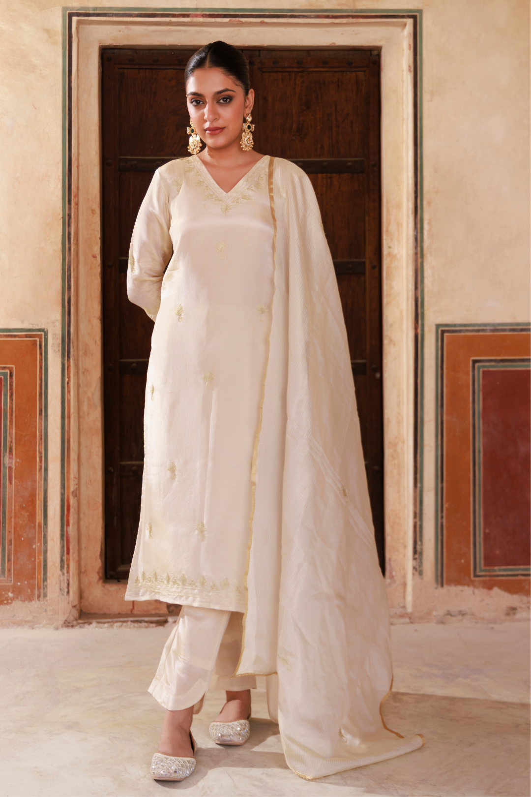 Ivory Gold Embroidered Tissue Kurta Set