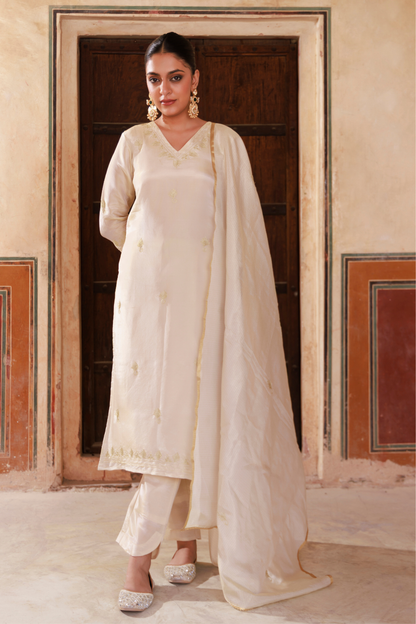 Ivory Gold Embroidered Tissue Kurta Set