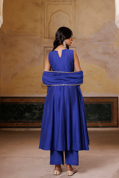 Blue Embroidered chanderi Anarkali Set