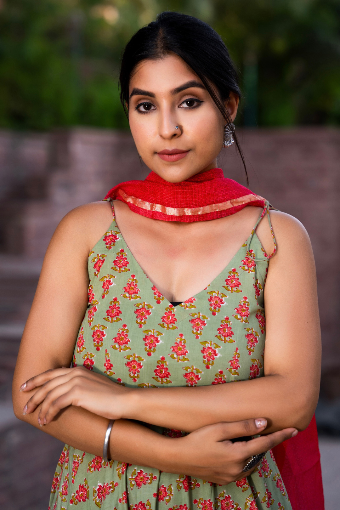 LUSH GREEN HAND BLOCK PRINTED SUIT SET