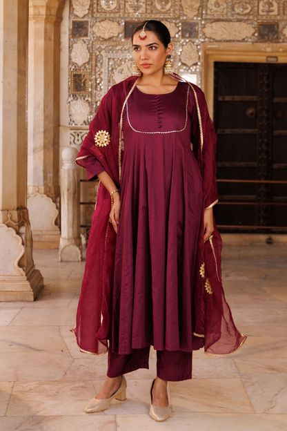 Purple cotton silk, gota patti work anarkali Set