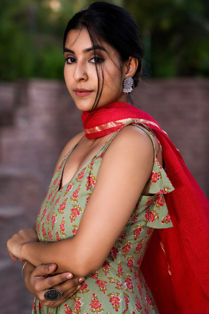 LUSH GREEN HAND BLOCK PRINTED SUIT SET