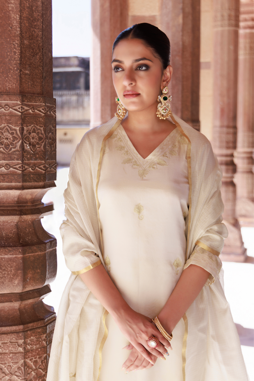 Ivory Gold Embroidered Tissue Kurta Set