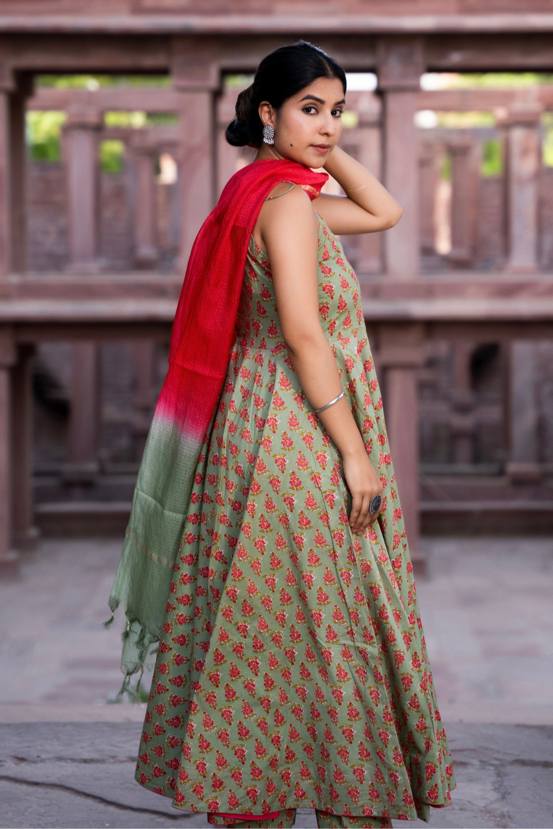 LUSH GREEN HAND BLOCK PRINTED SUIT SET