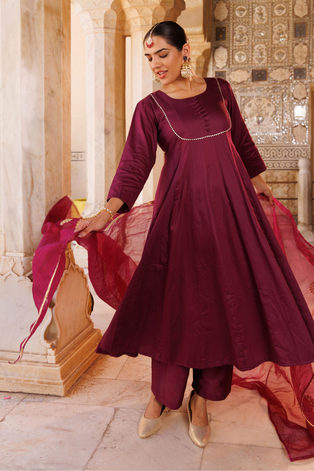 Purple cotton silk, gota patti work anarkali Set