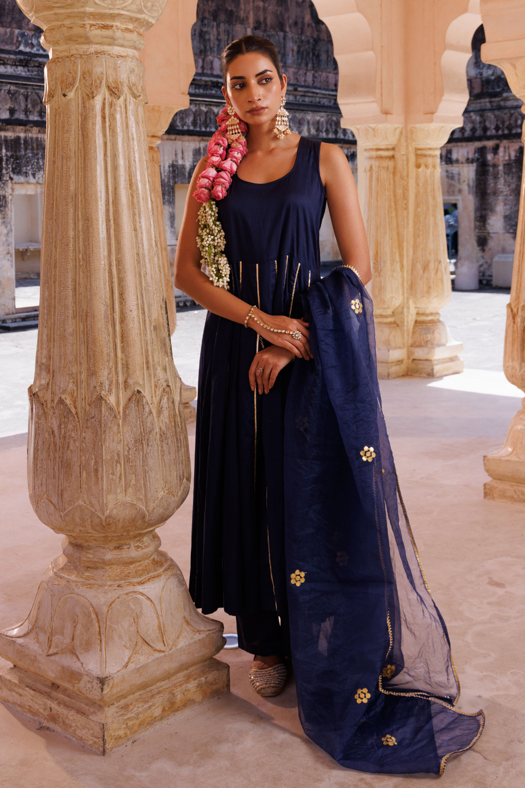 Navy blue cotton silk, gota patti work anrkali set