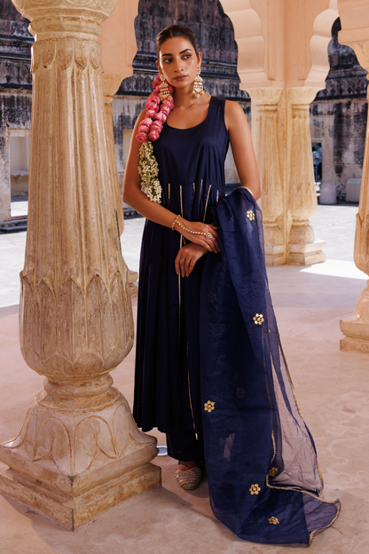 Navy blue cotton silk, gota patti work anrkali set