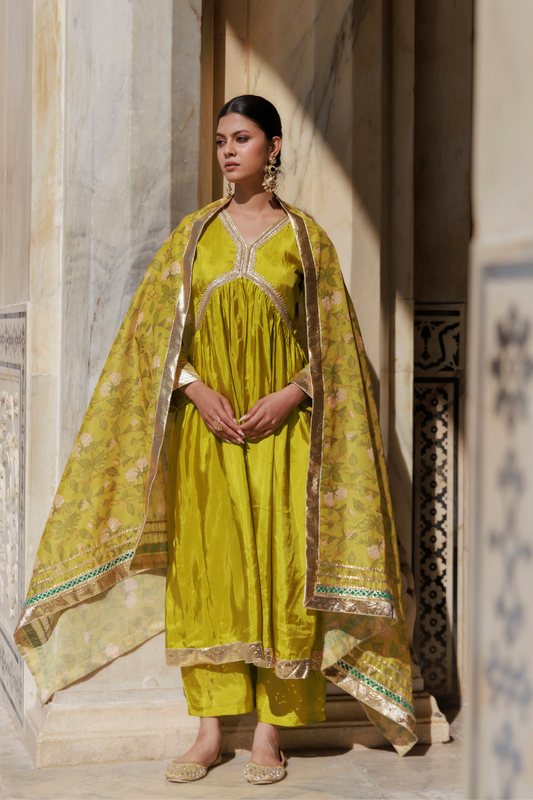 Olive Yellow Uppada Silk Kurta Set With Printed Chanderi Dupatta