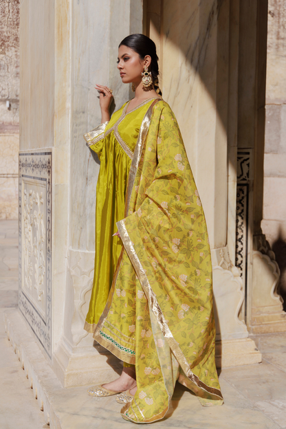 Olive Yellow Uppada Silk Kurta Set With Printed Chanderi Dupatta
