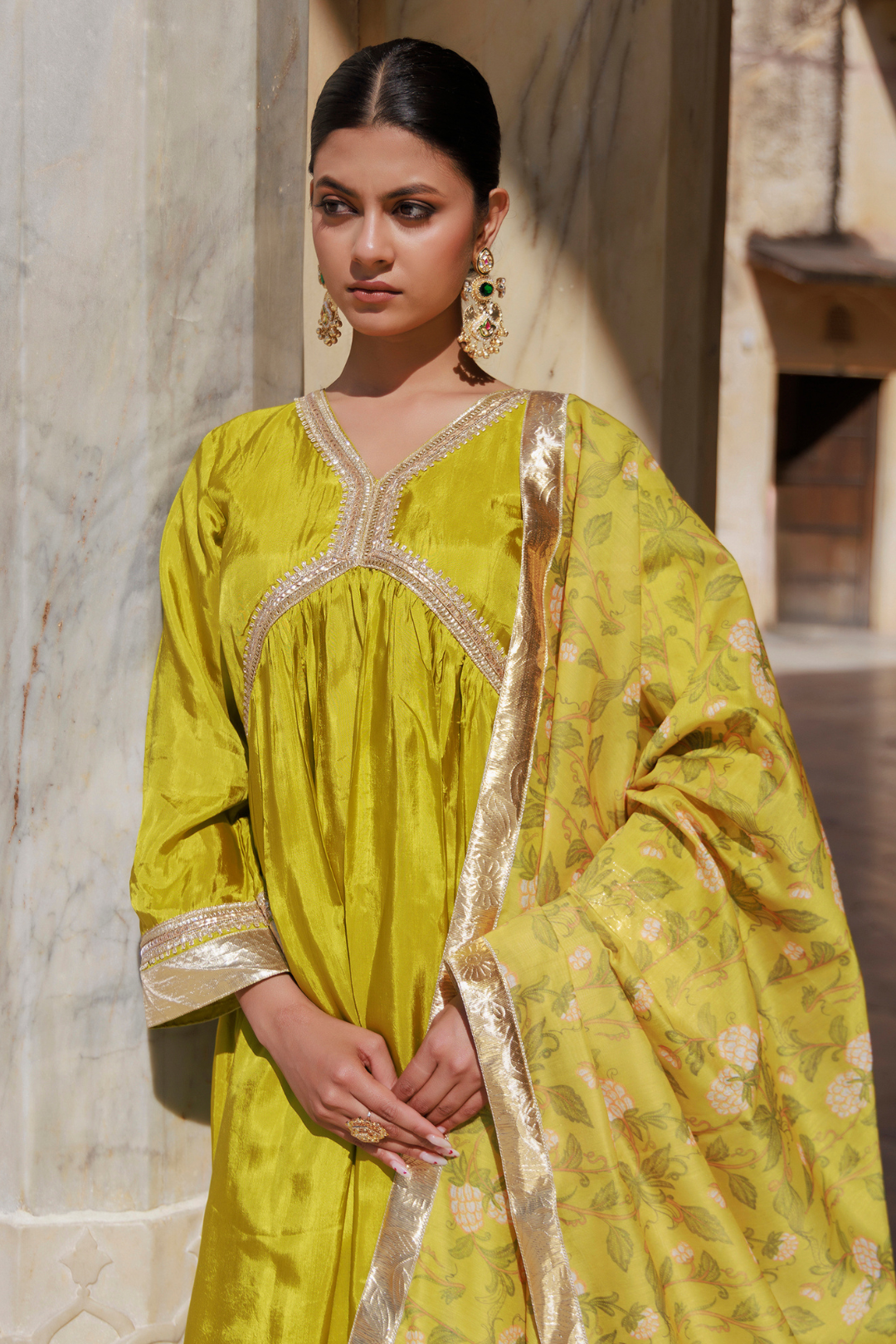 Olive Yellow Uppada Silk Kurta Set With Printed Chanderi Dupatta
