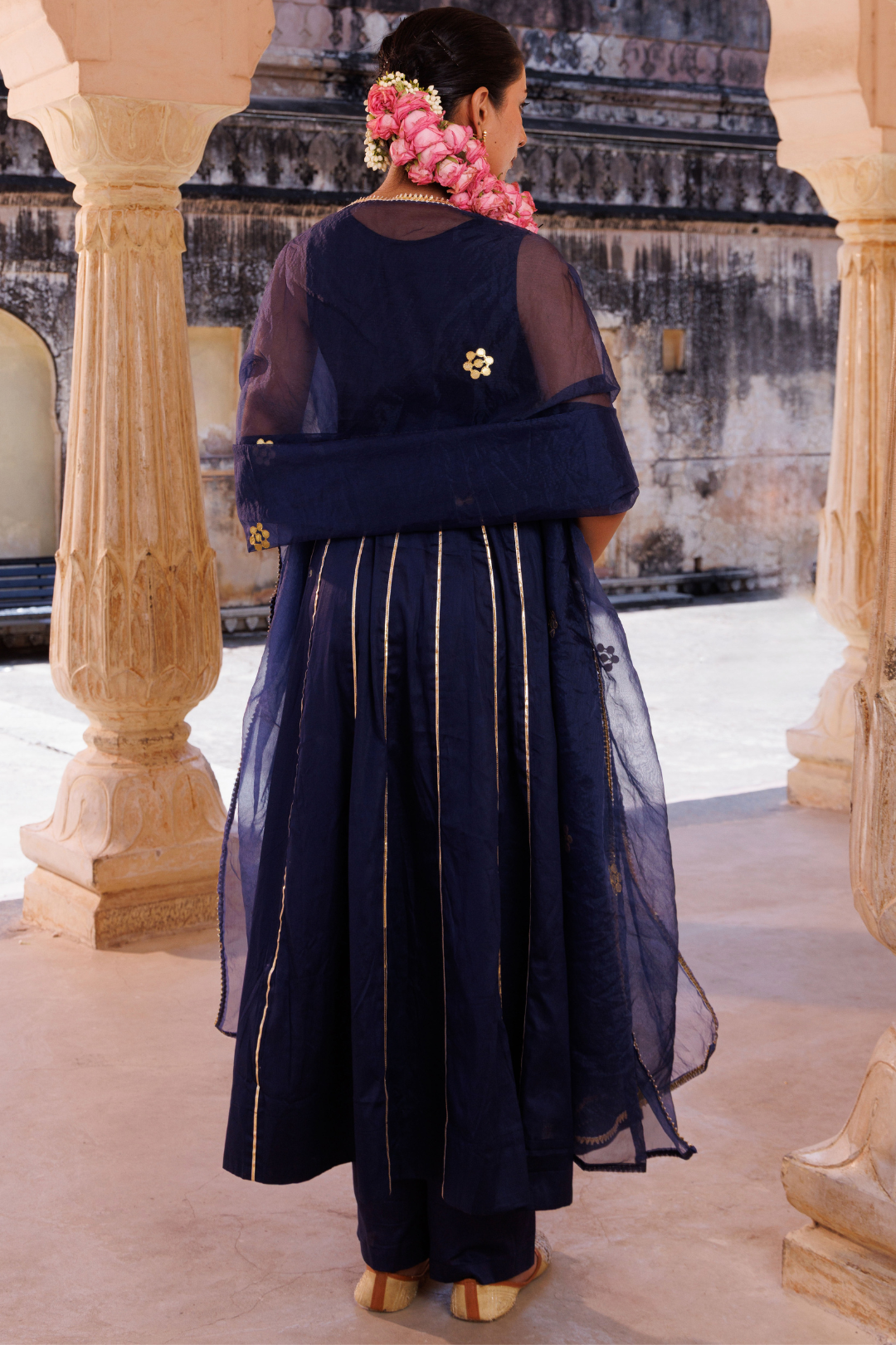 Navy blue cotton silk, gota patti work anrkali set