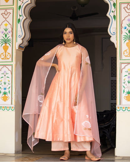 GAZAL PASTEL PEACH HAND PAINTED SUIT-SET