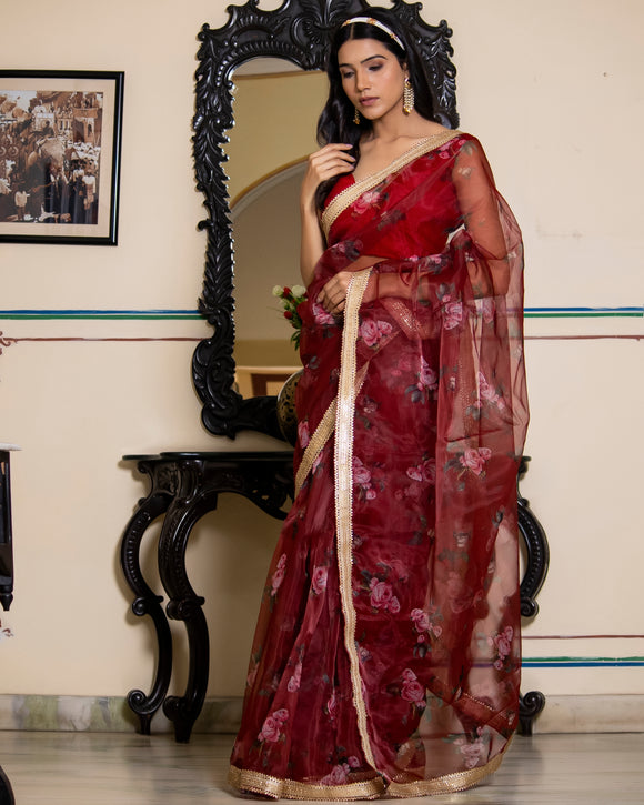 Buy Maroon Tussar V Neck Organza Ruffle Saree Set For Women by Charu and  Vasundhara Online at Aza Fashions.