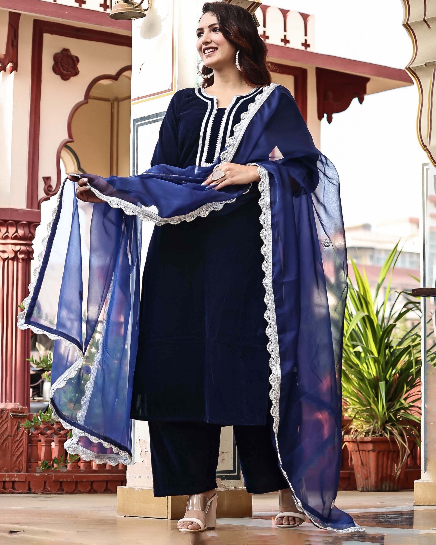 NAVY VELVET SILK SUIT SET