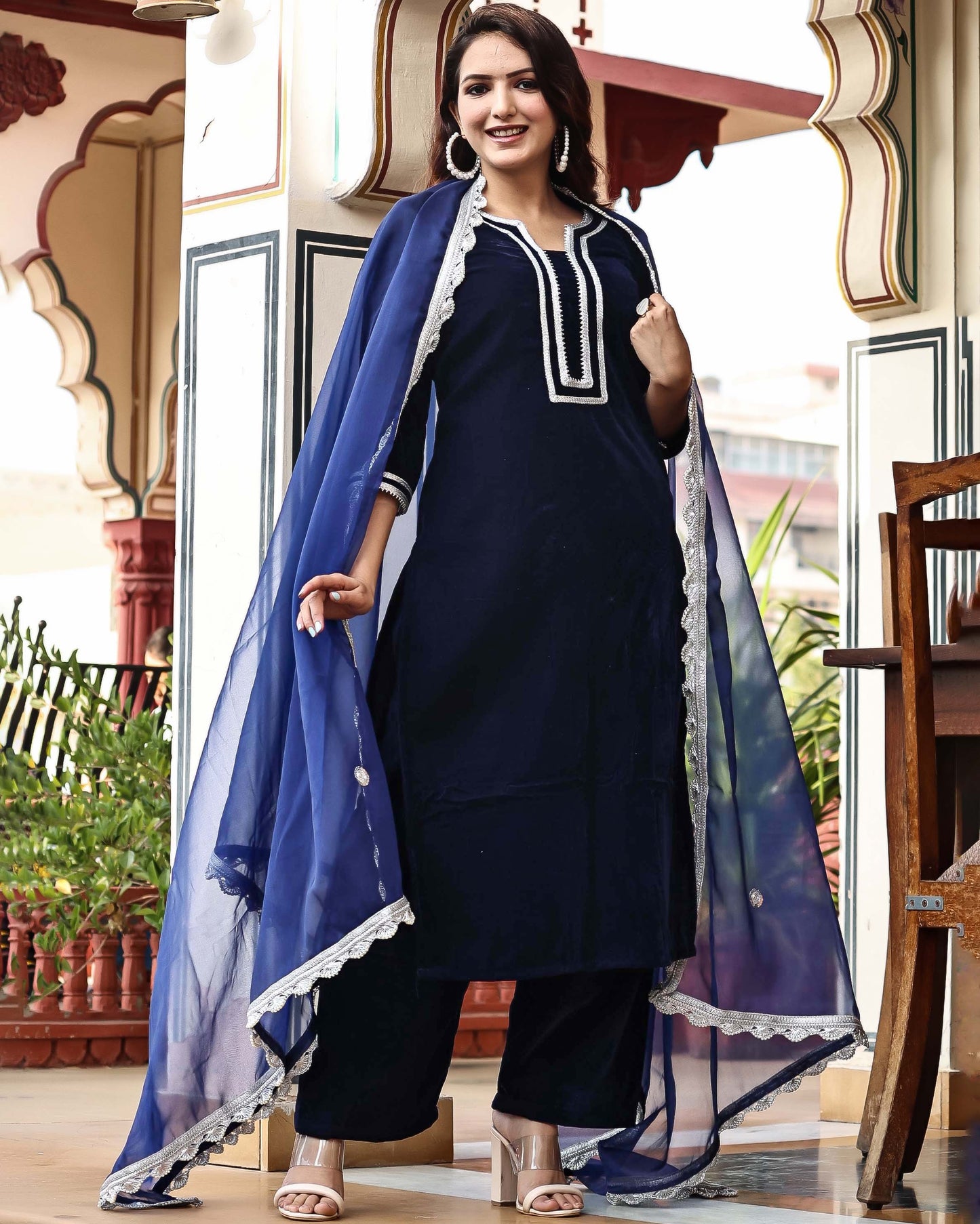 NAVY VELVET SILK SUIT SET