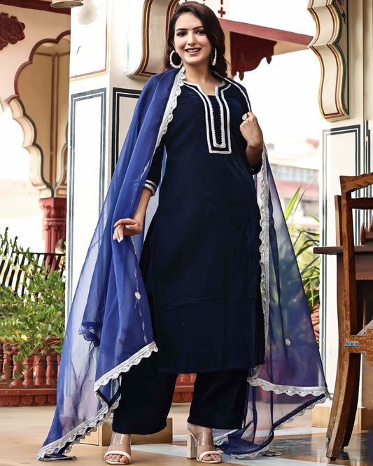 NAVY VELVET SILK SUIT SET