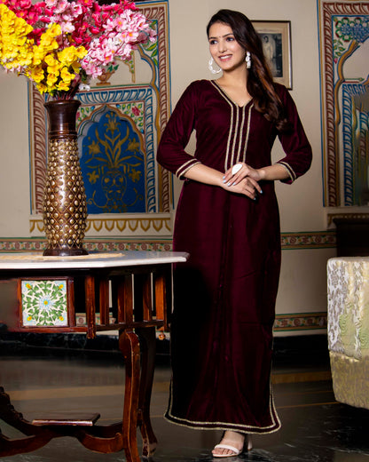 PLUM VELVET SILK FLOOR LENGTH DRESS