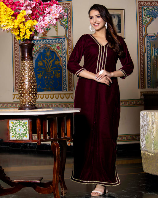 PLUM VELVET SILK FLOOR LENGTH DRESS