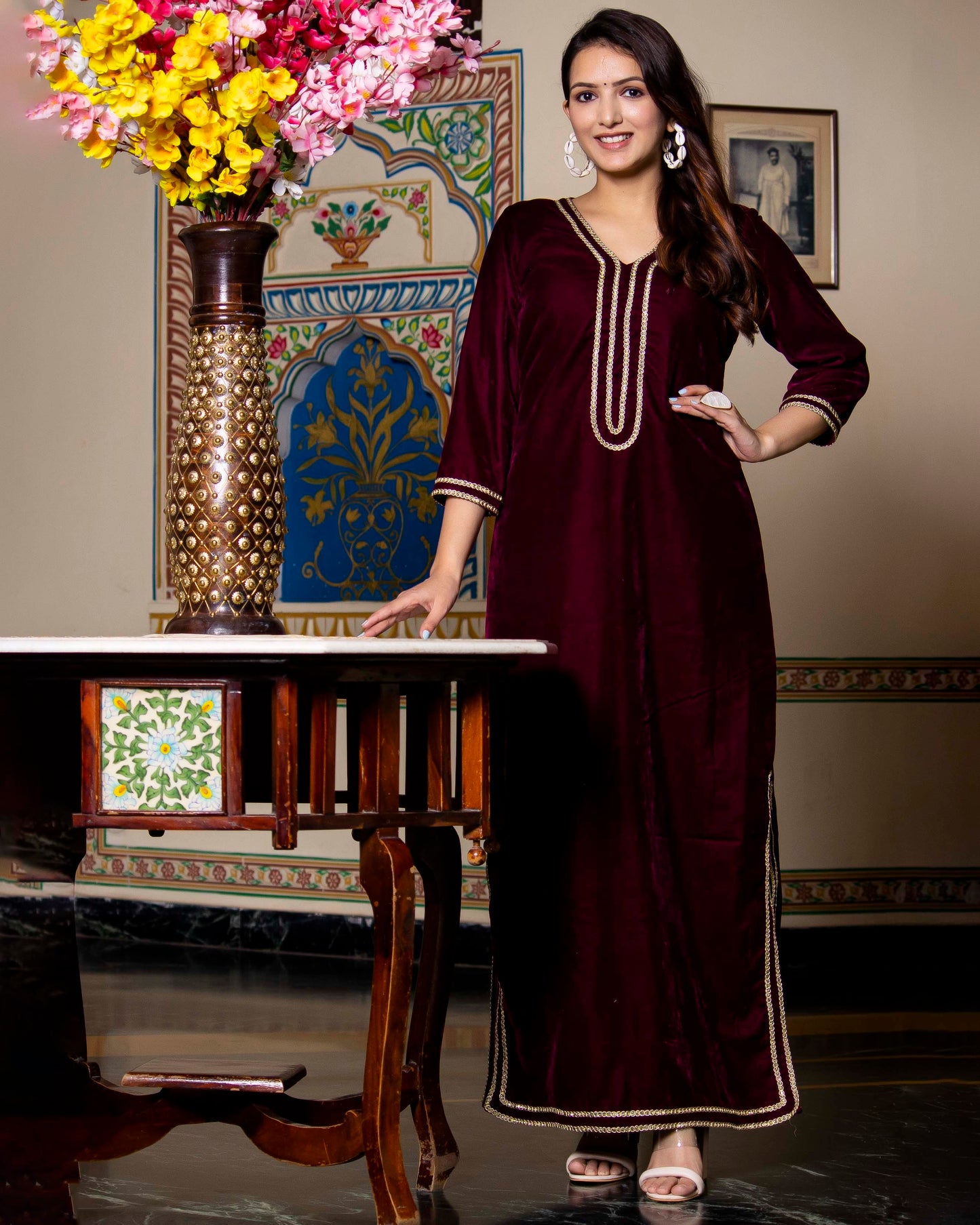 PLUM VELVET SILK FLOOR LENGTH DRESS