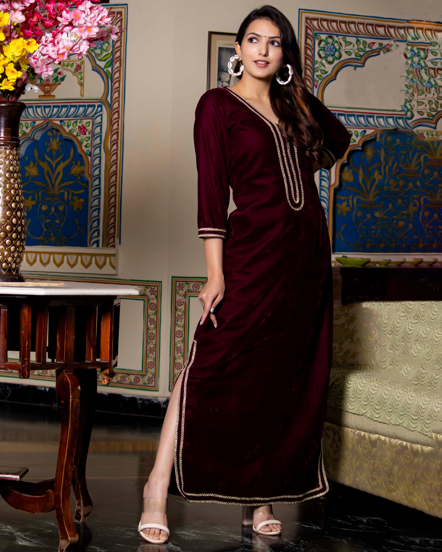 PLUM VELVET SILK FLOOR LENGTH DRESS