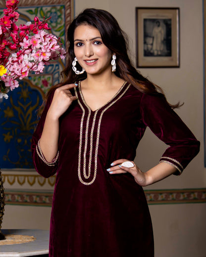 PLUM VELVET SILK FLOOR LENGTH DRESS