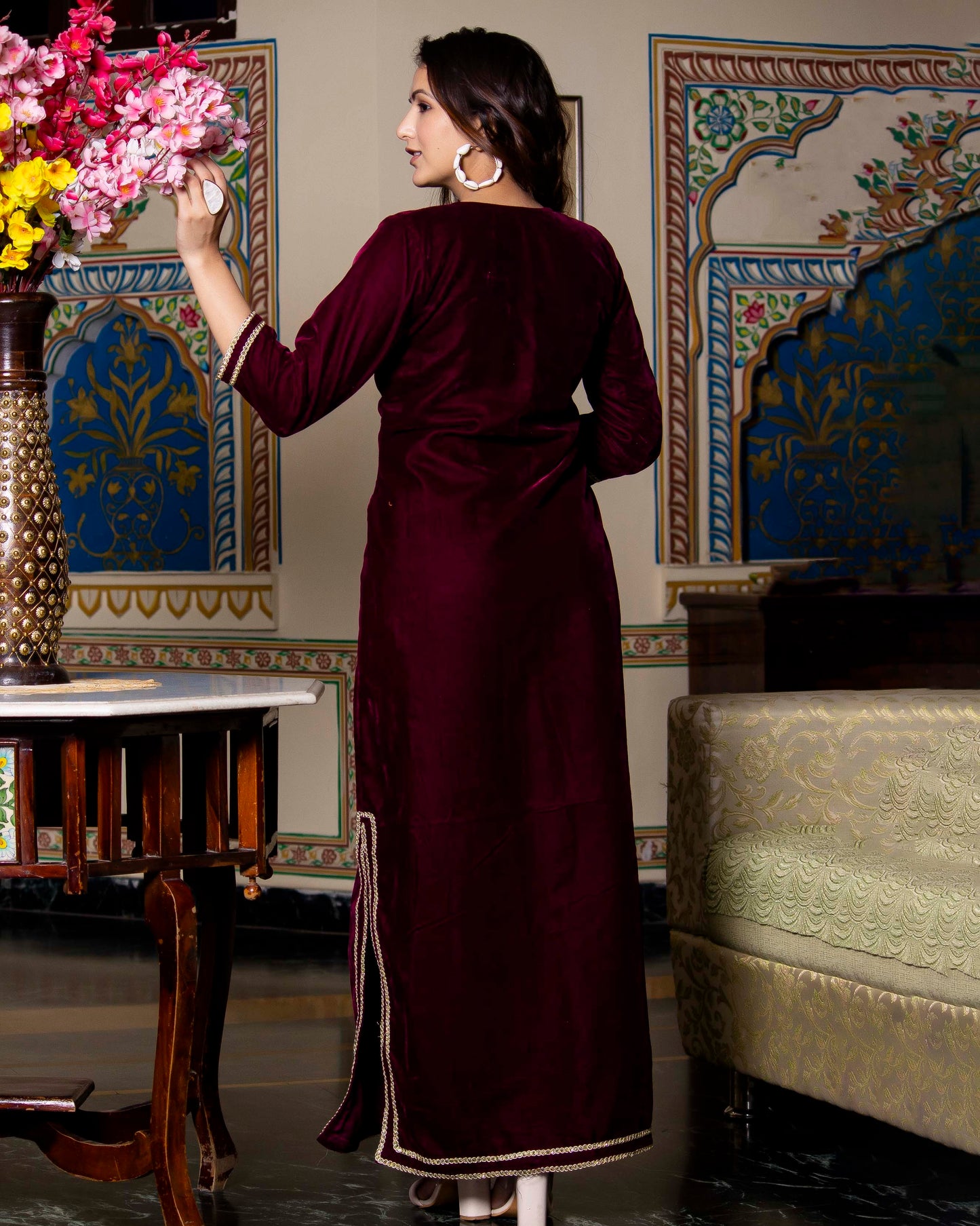 PLUM VELVET SILK FLOOR LENGTH DRESS