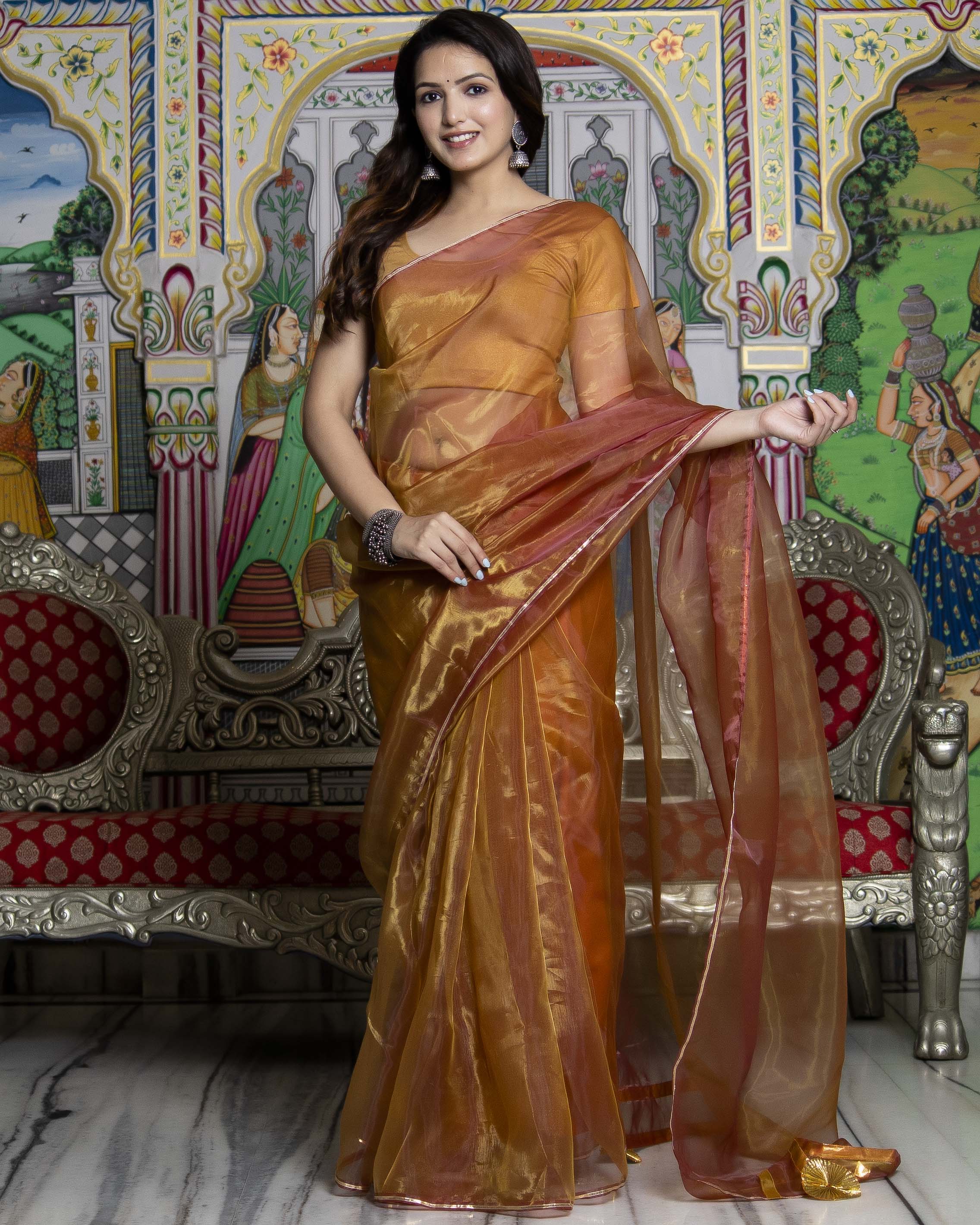 Buy Devi Metallic Bronze Organza Hand Block Saree Online - Bannhi