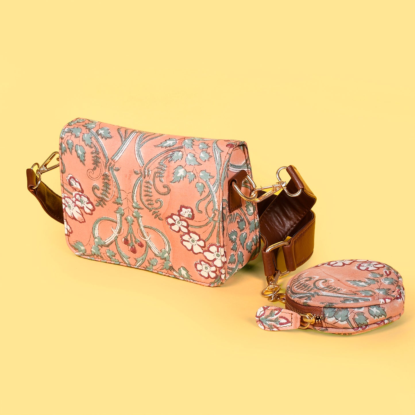 FLORAL PEACH HAND BLOCK PRINTED SLING BAG