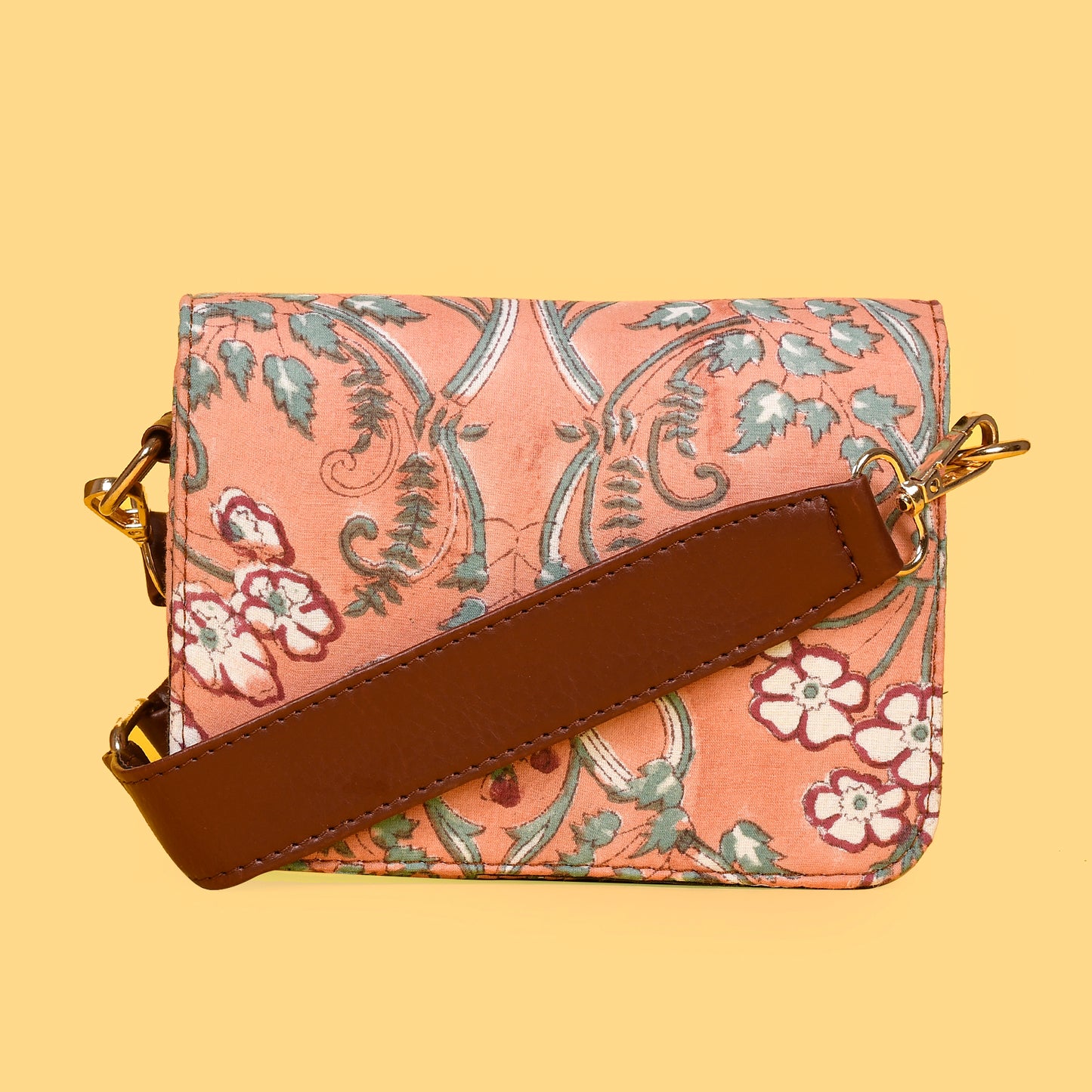 FLORAL PEACH HAND BLOCK PRINTED SLING BAG