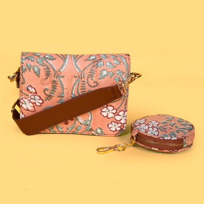 FLORAL PEACH HAND BLOCK PRINTED SLING BAG