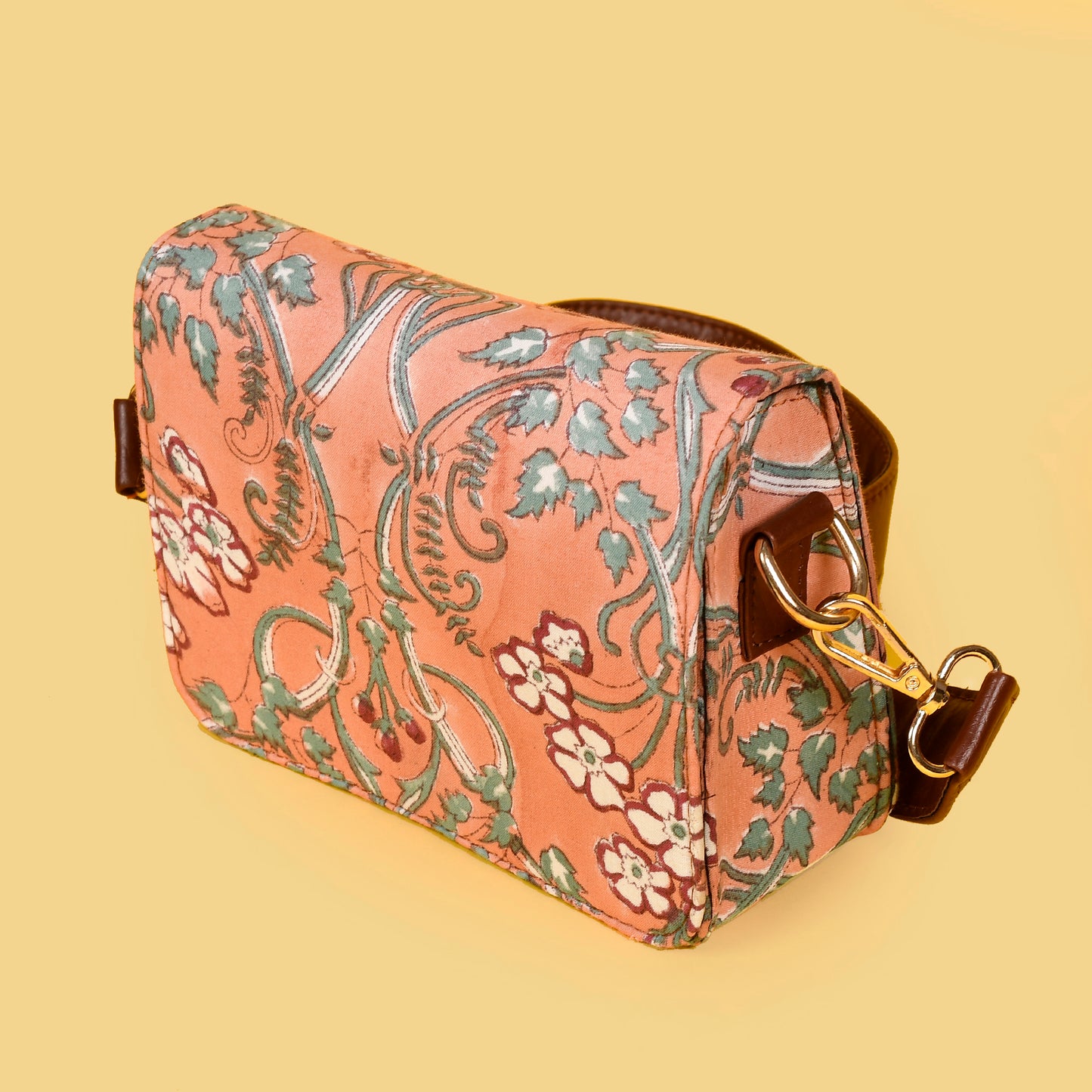 FLORAL PEACH HAND BLOCK PRINTED SLING BAG