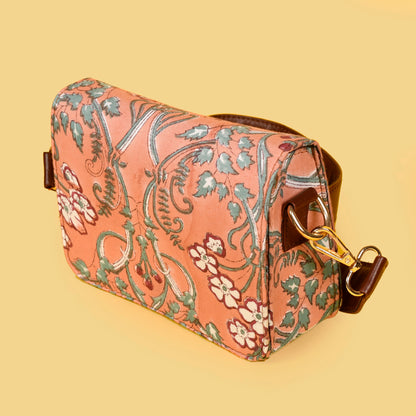 FLORAL PEACH HAND BLOCK PRINTED SLING BAG