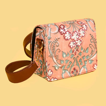 FLORAL PEACH HAND BLOCK PRINTED SLING BAG