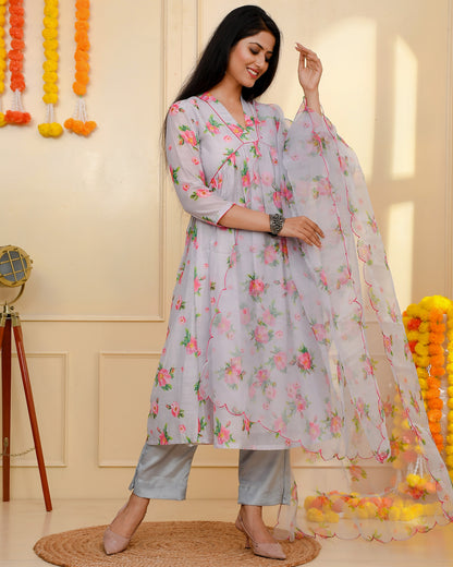 ROJA  GREY CHANDERI SUIT SET