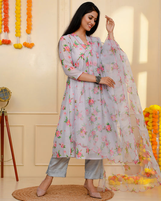 ROJA  GREY CHANDERI SUIT SET