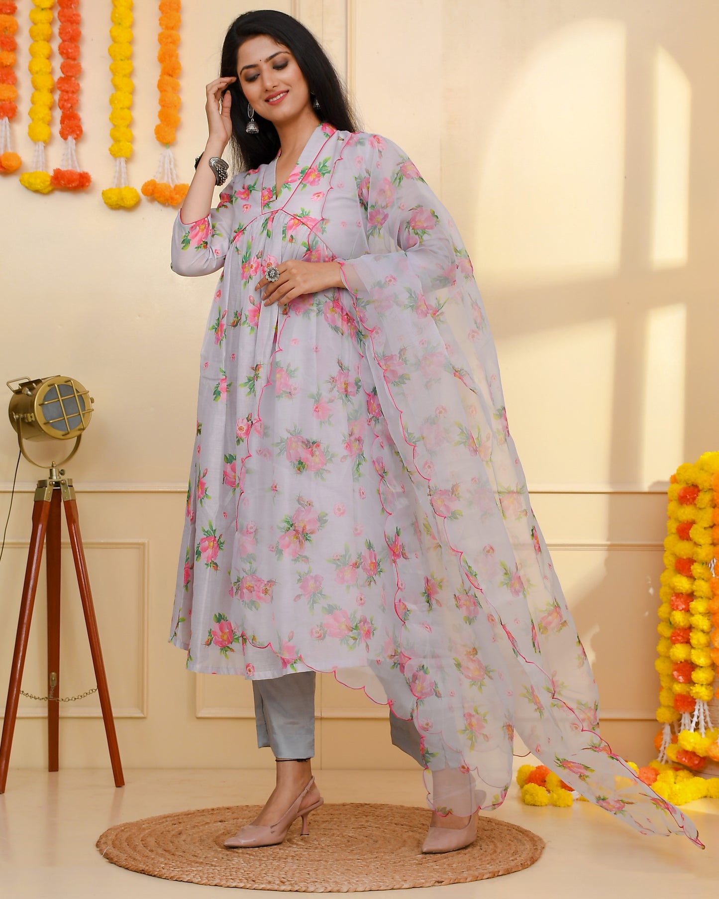 ROJA  GREY CHANDERI SUIT SET
