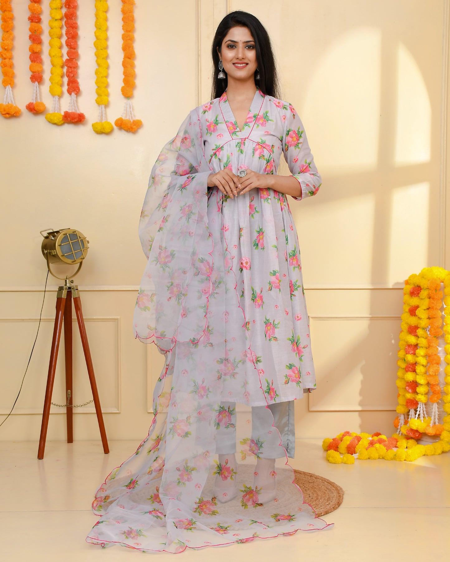 ROJA  GREY CHANDERI SUIT SET