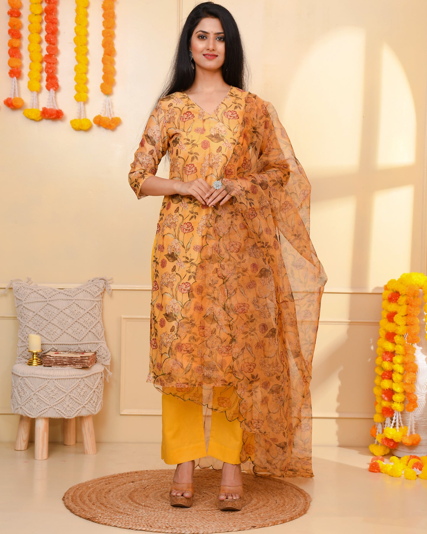 OCHER CHANDERI SUIT SET