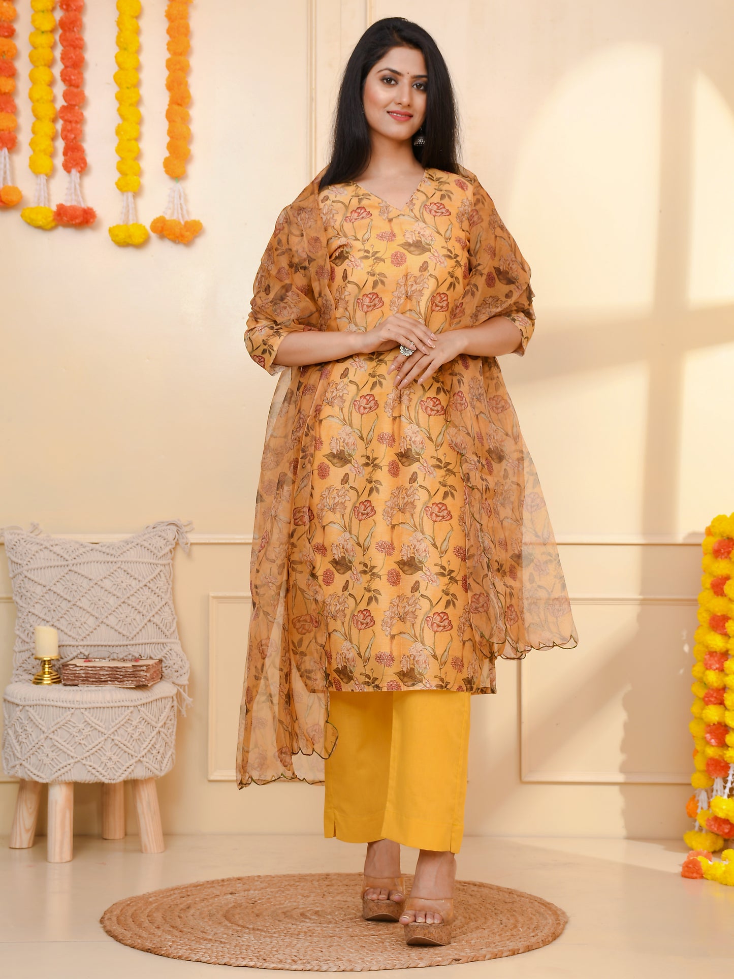 OCHER CHANDERI SUIT SET