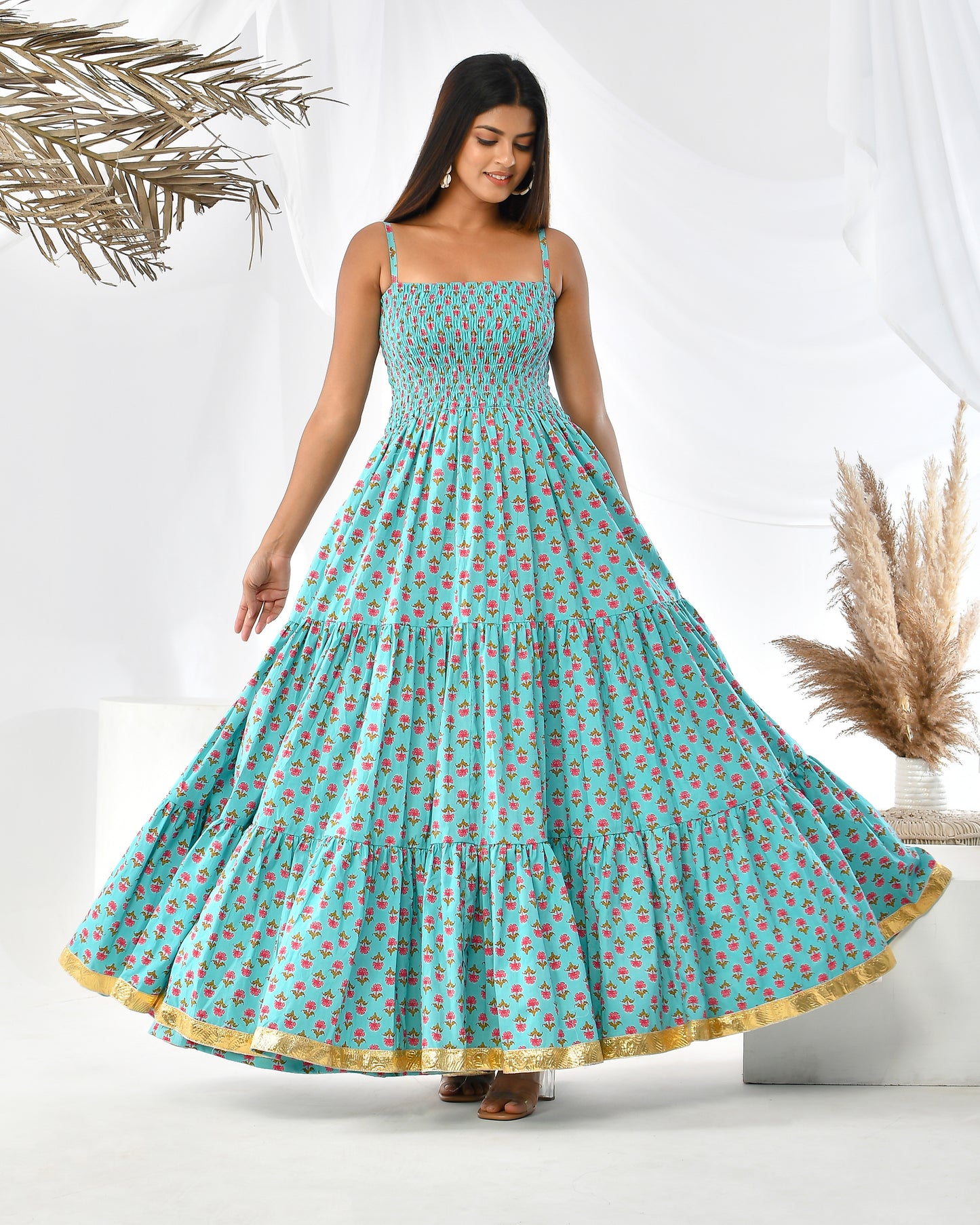 TURQUOISE FLORAL BUTA FLOOR LENGHT DRESS