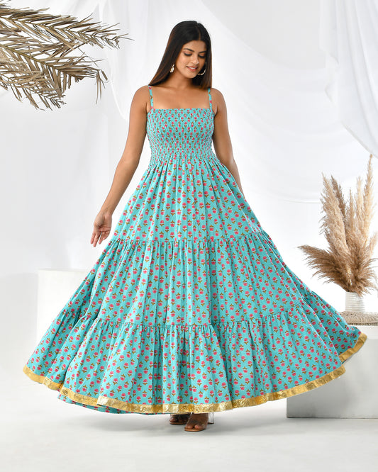 TURQUOISE FLORAL BUTA FLOOR LENGHT DRESS